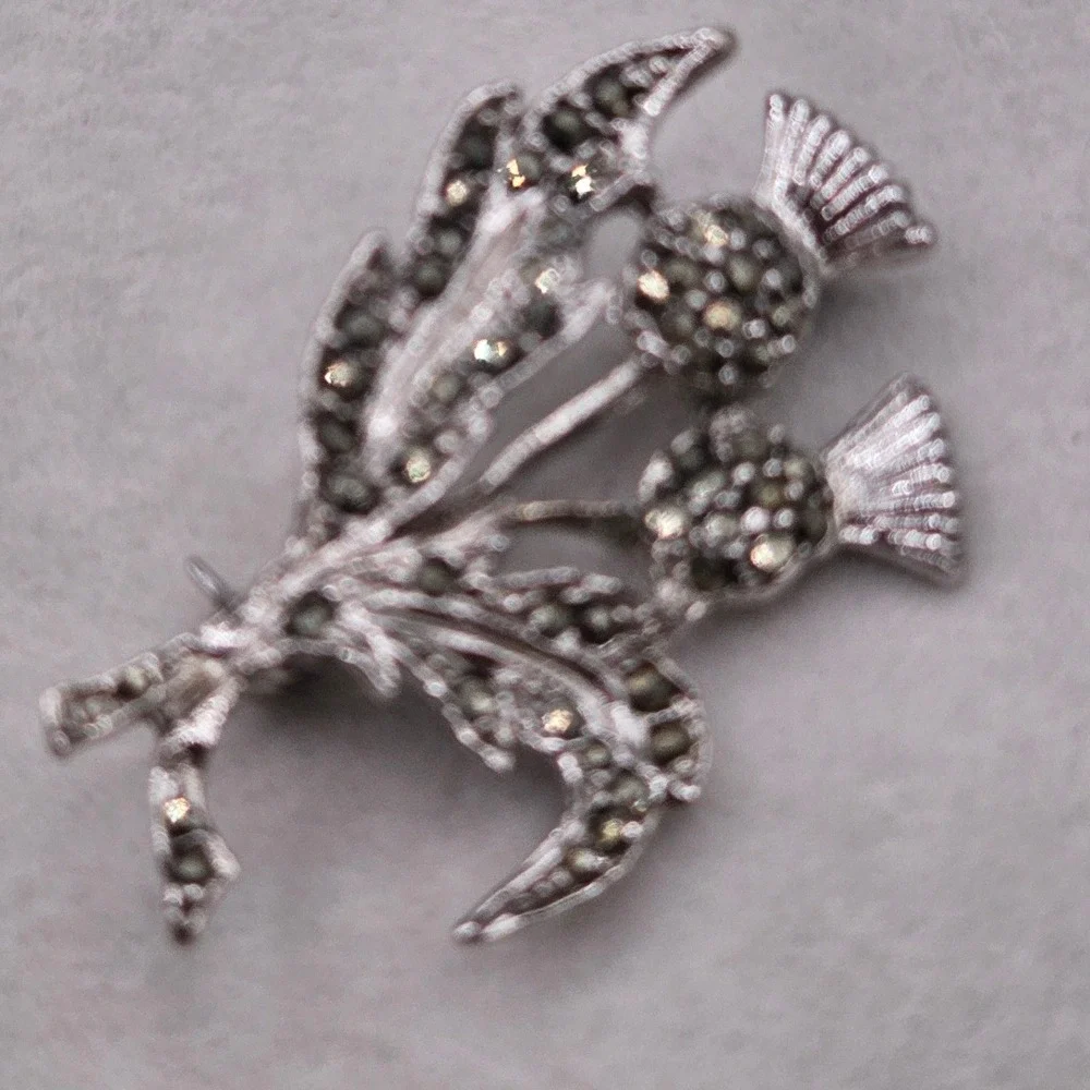 Scottish Double Thistle Brooch Silver Tone Celtic Marcasite Style Floral Pin